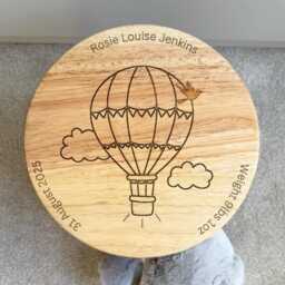 Childrens Personalised Stool - Engraved Stall First Birthday Nursery Chair- Wooden Baby Gift Hot Airballoon - thumbnail 2
