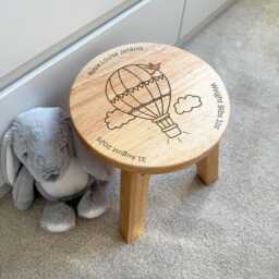 Childrens Personalised Stool - Engraved Stall First Birthday Nursery Chair- Wooden Baby Gift Hot Airballoon - thumbnail 3