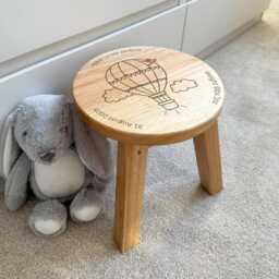 Childrens Personalised Stool - Engraved Stall First Birthday Nursery Chair- Wooden Baby Gift Hot Airballoon - thumbnail 1