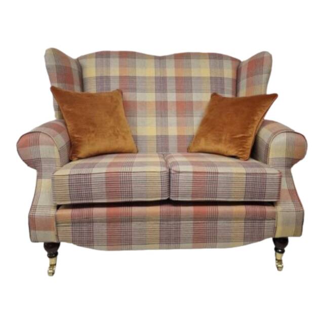 Wingback Queen Anne Sofa Katrine Spice Tartan, Burnt Orange Cushions - image 1