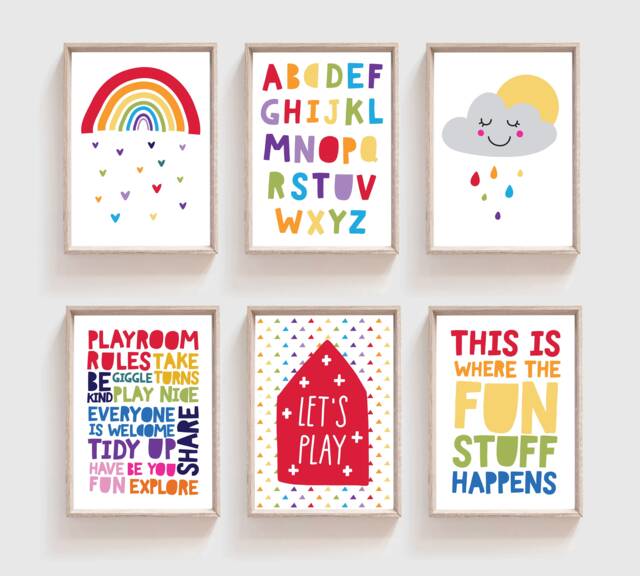 Set Of 6 Colourful Playroom Prints, Boys Nursery Decor, Girls Rainbow Wall Art - image 1