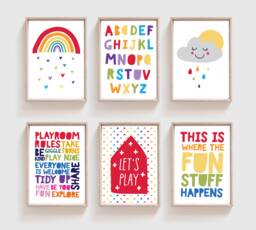 Set Of 6 Colourful Playroom Prints, Boys Nursery Decor, Girls Rainbow Wall Art - thumbnail 1