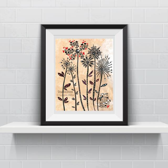Love Print, House Warming Love Grows Here, Beige Flowers, Art For New Home Buyer, Print About Love, Flowers With Hearts - image 1