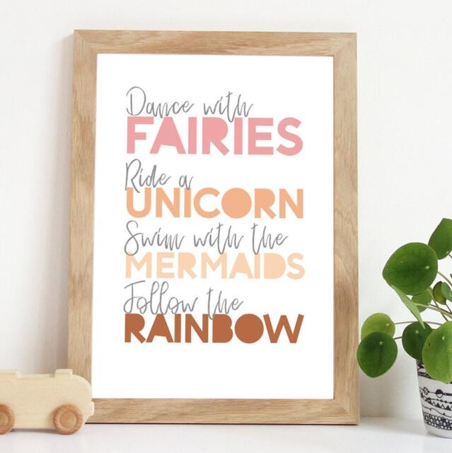 Girls Nursery Prints, Blush Pink, Bedroom Rainbow Wall Art, Fairies Print, Unicorn Mermaid Art - image 1