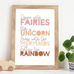Girls Nursery Prints, Blush Pink, Bedroom Rainbow Wall Art, Fairies Print, Unicorn Mermaid Art - thumbnail 1