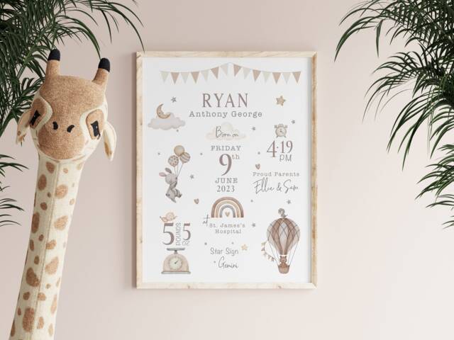 New Baby Neutral Gift, Personalised Print For Boy, Unisex Gift Baby, Nursery Print Boys, Birth Stats - image 1