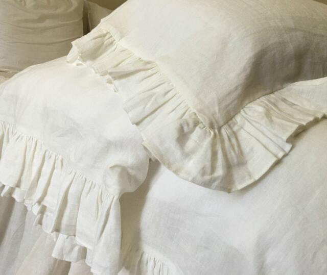 Soft White Ruffle Pillow Sham, Soft White Linen Ruffle Euro Accented Cover - image 1