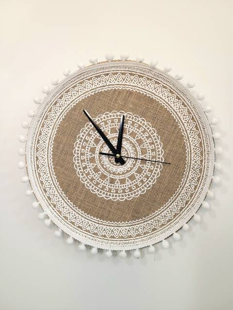 Boho Art Large Wall Clock Unique, Rustic Cottagecore Clocks For Wall, Minimalist Modern Home Decor, White 14 Inch, Linen Weaving - image 1