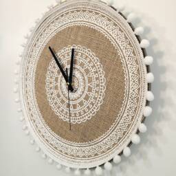 Boho Art Large Wall Clock Unique, Rustic Cottagecore Clocks For Wall, Minimalist Modern Home Decor, White 14 Inch, Linen Weaving - thumbnail 2