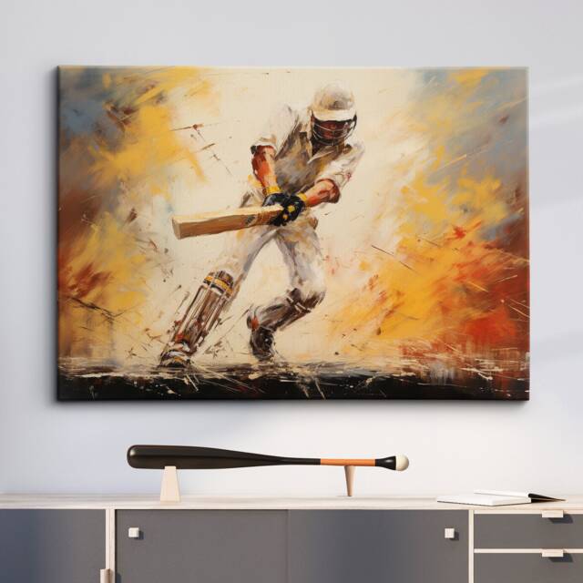Cricket Player Abstract Oil Painting Sports Wall Art, Framed Canvas Poster Print, Home Kitchen Office Room Decor, Gifts - image 1