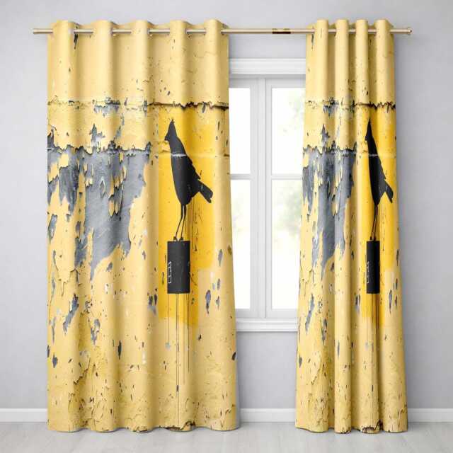 Black Crow Perched On Yellow Utility Box Street Art Elegant Design For Home Decor Readymade Eyelet Ring Top Thermal 100% Blackout Curtains - image 1