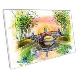 Loving Couple Watercolor Sunset Bridge Art Print Ready To Hang Home Office Decor - thumbnail 1