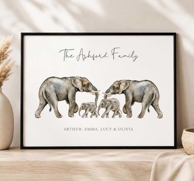 Personalised Elephant Family Print - Our Wall Decor, Nursery Safari Animals Custom Family Print New - image 1