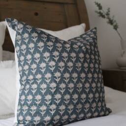 Teal Floral Cotton Cushion With Feather Insert Patterned Throw Pillow - 45x45cm - thumbnail 3