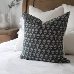 Teal Floral Cotton Cushion With Feather Insert Patterned Throw Pillow - 45x45cm - thumbnail 2