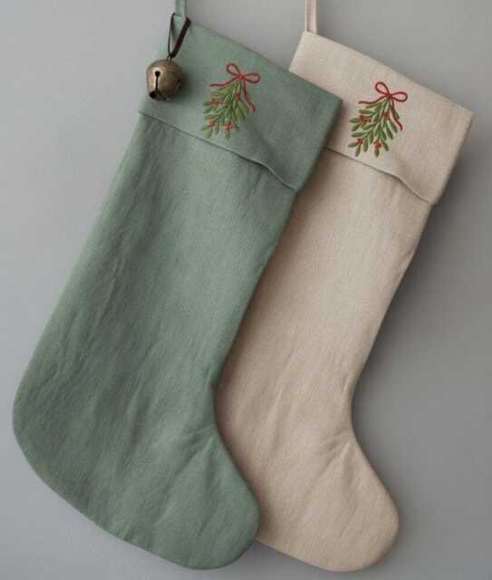 Personalized Linen Family Stocking - Christmas Gift With Mistletoe Embroidery Handmade Holiday Stocking, Gift - image 1