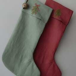 Personalized Linen Family Stocking - Christmas Gift With Mistletoe Embroidery Handmade Holiday Stocking, Gift - thumbnail 2