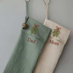 Personalized Linen Family Stocking - Christmas Gift With Mistletoe Embroidery Handmade Holiday Stocking, Gift - thumbnail 4
