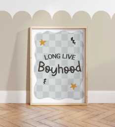 Long Live Boyhood Print in Blue, Checkered Pattern Boys Prints, Kids Retro Bedroom Playroom, Scandi Nursery Decor - thumbnail 1