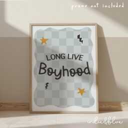 Long Live Boyhood Print in Blue, Checkered Pattern Boys Prints, Kids Retro Bedroom Playroom, Scandi Nursery Decor - thumbnail 2