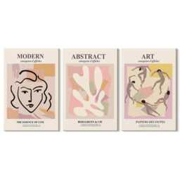 Canvas Set Of 3 Wall Art - Stylish Portraits & Forms in Pastel Colors, Pink Print, Artwork Hanging Piece - thumbnail 2