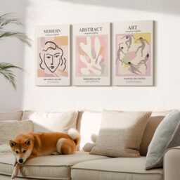 Canvas Set Of 3 Wall Art - Stylish Portraits & Forms in Pastel Colors, Pink Print, Artwork Hanging Piece - thumbnail 1