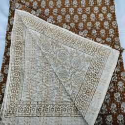 Hand Block Printed Kantha Quilt Mustard Floral Cotton Reversible Bedspread - thumbnail 2