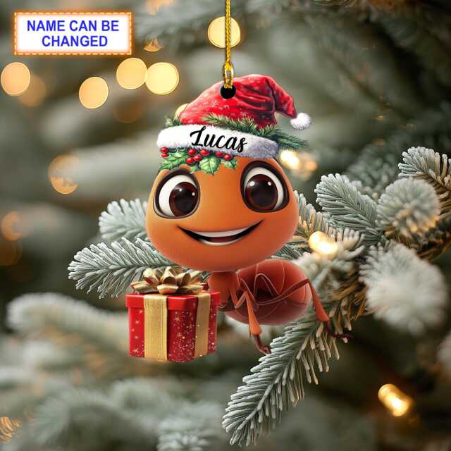 Custom Name Cute Happy Ant With Santa Hat & A Gift Box Ornament, Christmas Tree Hanging Decor, Flat 2D Ornament - image 1