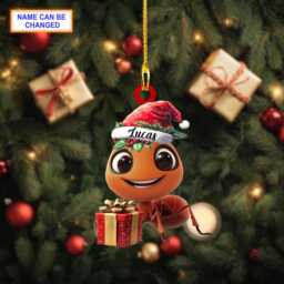 Custom Name Cute Happy Ant With Santa Hat & A Gift Box Ornament, Christmas Tree Hanging Decor, Flat 2D Ornament - thumbnail 3