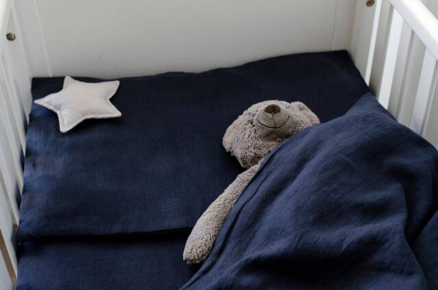 Organic Navy Blue Linen Bedding Set Fitted Sheet, Duvet Cover, Pillowcase, For Baybies, Toddlers, Kids - image 1