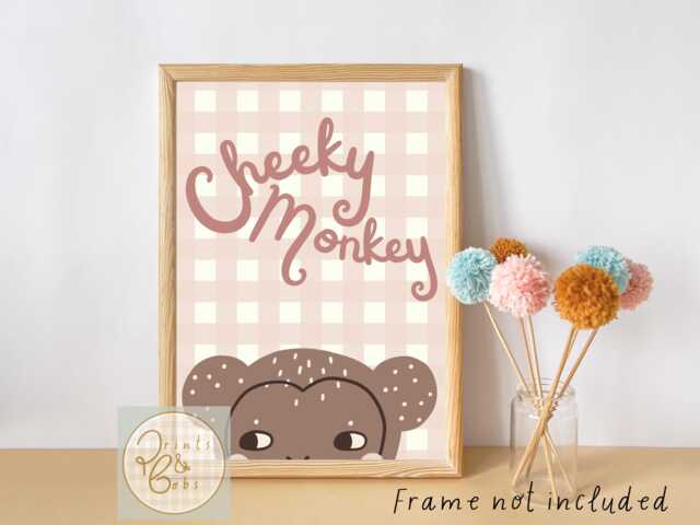 Dusty Pink Gingham Cheeky Monkey Wall Art. Cute Animal Print - Unframed - image 1