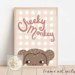 Dusty Pink Gingham Cheeky Monkey Wall Art. Cute Animal Print - Unframed - thumbnail 3
