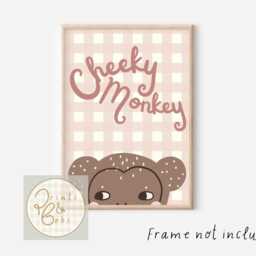 Dusty Pink Gingham Cheeky Monkey Wall Art. Cute Animal Print - Unframed - thumbnail 2