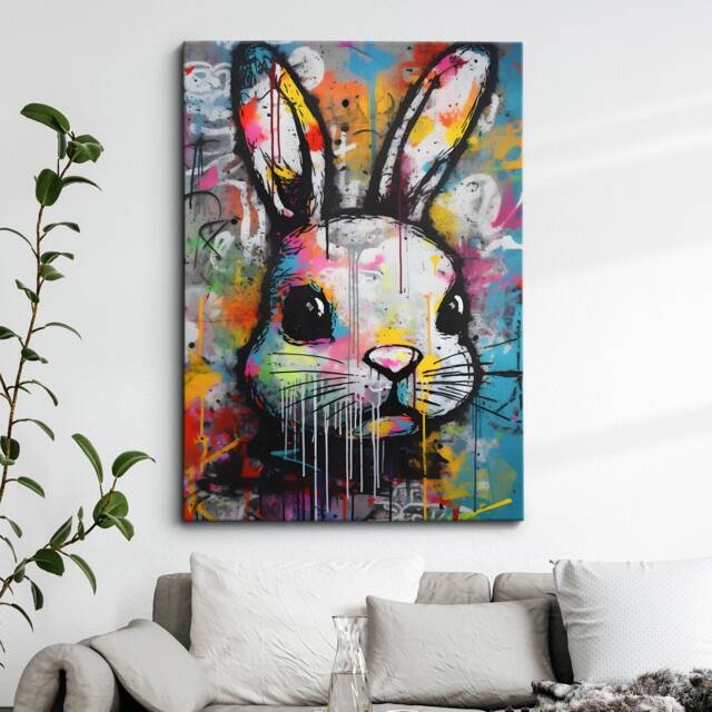 Fun Rabbit Graffiti Pet Animal Abstract Oil Painting Wall Art Framed Canvas Poster Print Home Kitchen Office Bedroom Decor Gift For Kids - image 1