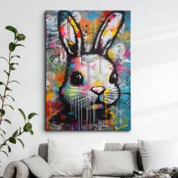 Fun Rabbit Graffiti Pet Animal Abstract Oil Painting Wall Art Framed Canvas Poster Print Home Kitchen Office Bedroom Decor Gift For Kids - thumbnail 1
