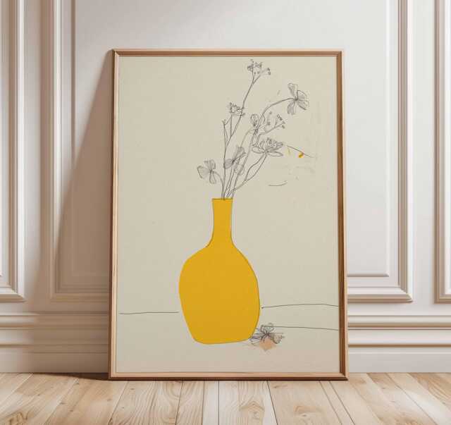 Minimalist Flower Vase Wall Art Print, Line Drawing Poster, Yellow Modern Botanical Illustration, Scandinavian Home Decor - image 1