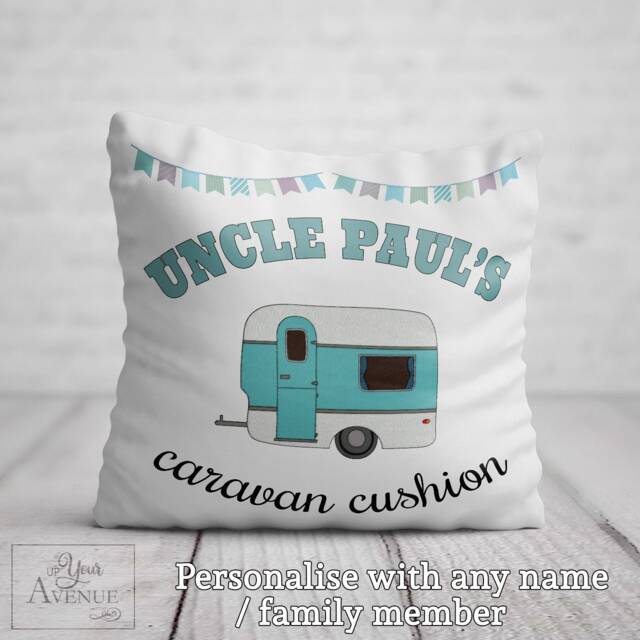 Personalised Caravan Cushion Camping Birthday Gift For Dad, Grandad, Nan, Mum Blue Pillow Pink Decor - image 1