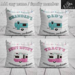 Personalised Caravan Cushion Camping Birthday Gift For Dad, Grandad, Nan, Mum Blue Pillow Pink Decor - thumbnail 2