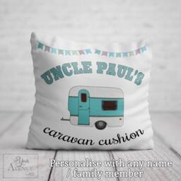 Personalised Caravan Cushion Camping Birthday Gift For Dad, Grandad, Nan, Mum Blue Pillow Pink Decor - thumbnail 1