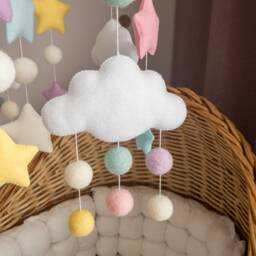 Stars & Clouds Baby Mobile, Colored Stars Mobile For Girl, Crib With Felr Balls, Baby Nursery Moon - thumbnail 2