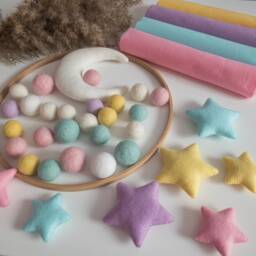 Stars & Clouds Baby Mobile, Colored Stars Mobile For Girl, Crib With Felr Balls, Baby Nursery Moon