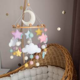Stars & Clouds Baby Mobile, Colored Stars Mobile For Girl, Crib With Felr Balls, Baby Nursery Moon - thumbnail 3