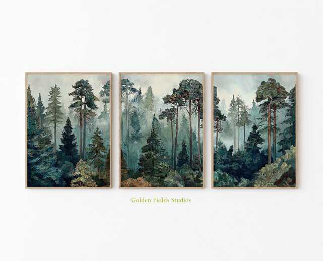 Forest Wall Art Set Of 3 Green Pine Tree Landscape Prints - image 1