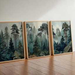 Forest Wall Art Set Of 3 Green Pine Tree Landscape Prints - thumbnail 3