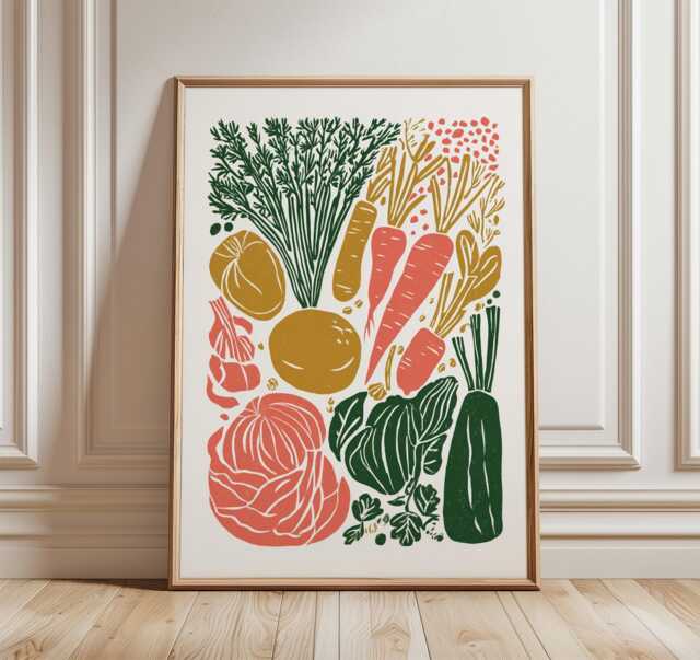 Vegetable Kitchen Wall Art, Retro Farmers Market Print, Colourful Veggie Poster - image 1