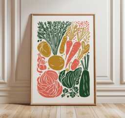 Vegetable Kitchen Wall Art, Retro Farmers Market Print, Colourful Veggie Poster - thumbnail 1
