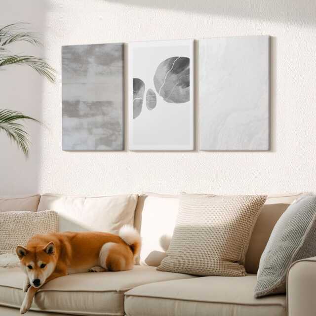Canvas Set Of 3 Wall Art - Shapes & Structures Modern Style, Gray Canvas, Natural Textures Decor - image 1