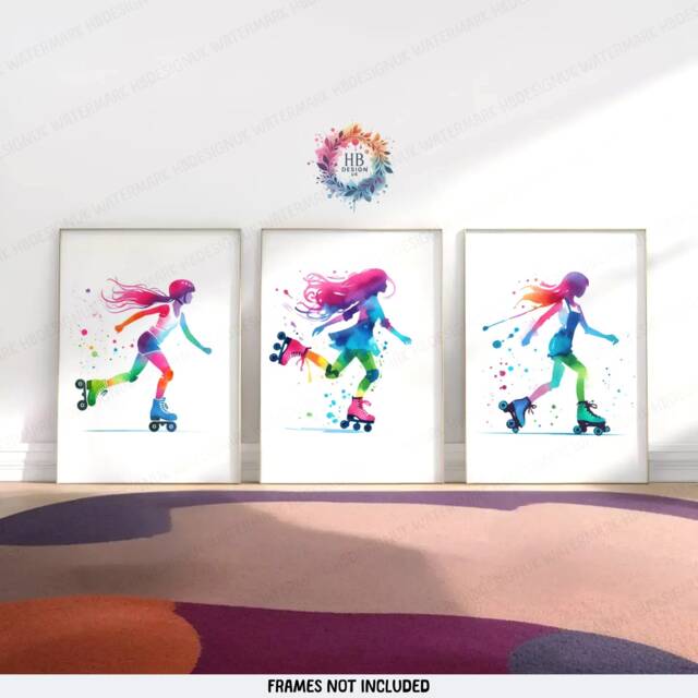 Roller Skating Print Set - 3 Posters - Girls Bedroom Prints Watercolour Artwork Skate Wall Art Girl Skates Decor Colourful - image 1