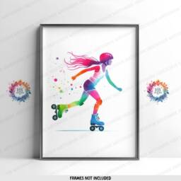 Roller Skating Print Set - 3 Posters - Girls Bedroom Prints Watercolour Artwork Skate Wall Art Girl Skates Decor Colourful - thumbnail 2