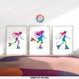Roller Skating Print Set - 3 Posters - Girls Bedroom Prints Watercolour Artwork Skate Wall Art Girl Skates Decor Colourful - thumbnail 1